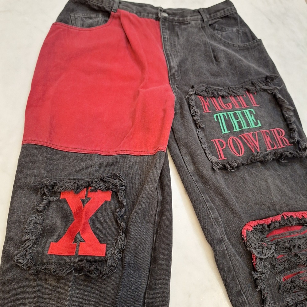 Vintage 90s Machine Gun Jeans Sz 38 Black Red Fight The Power Hip Hop Streetwear